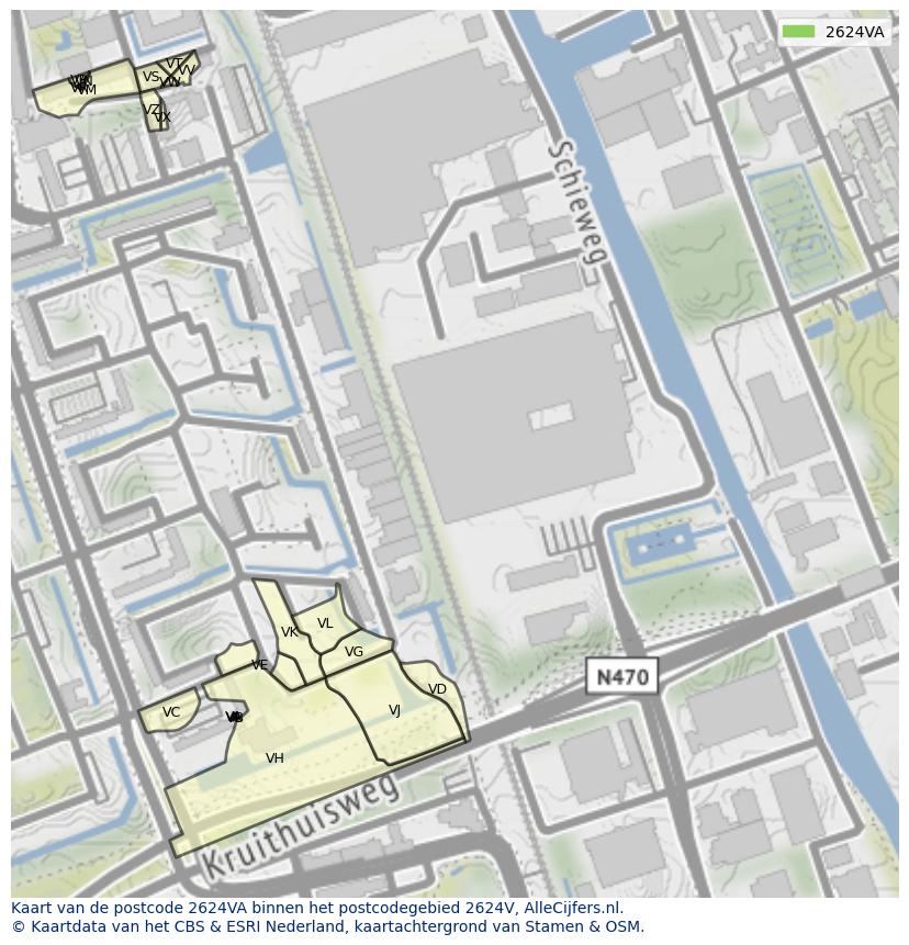 Afbeelding van het postcodegebied 2624 VA op de kaart.