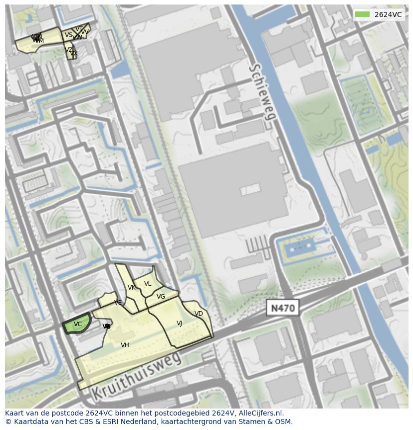 Afbeelding van het postcodegebied 2624 VC op de kaart.
