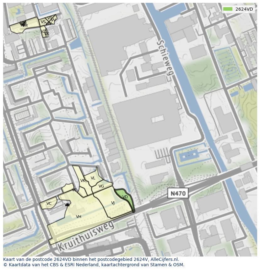 Afbeelding van het postcodegebied 2624 VD op de kaart.