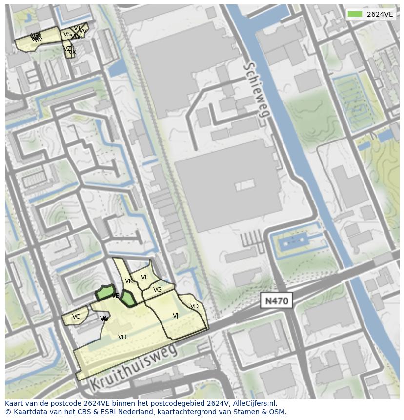 Afbeelding van het postcodegebied 2624 VE op de kaart.