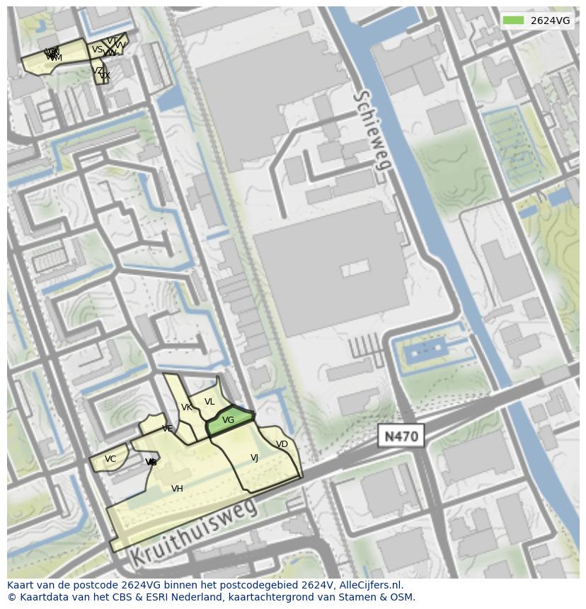 Afbeelding van het postcodegebied 2624 VG op de kaart.