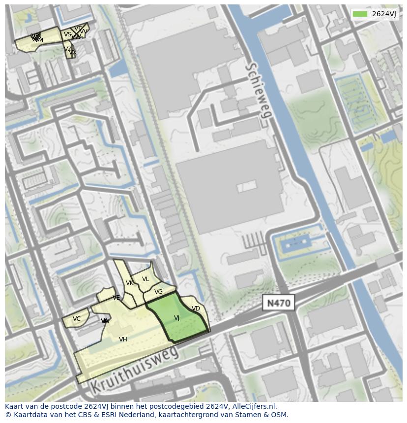 Afbeelding van het postcodegebied 2624 VJ op de kaart.