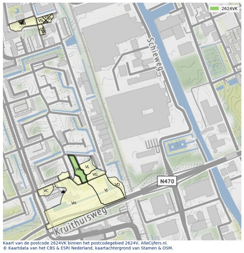 Afbeelding van het postcodegebied 2624 VK op de kaart.