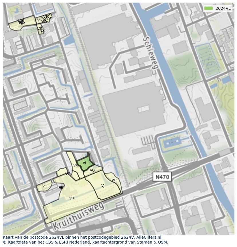 Afbeelding van het postcodegebied 2624 VL op de kaart.