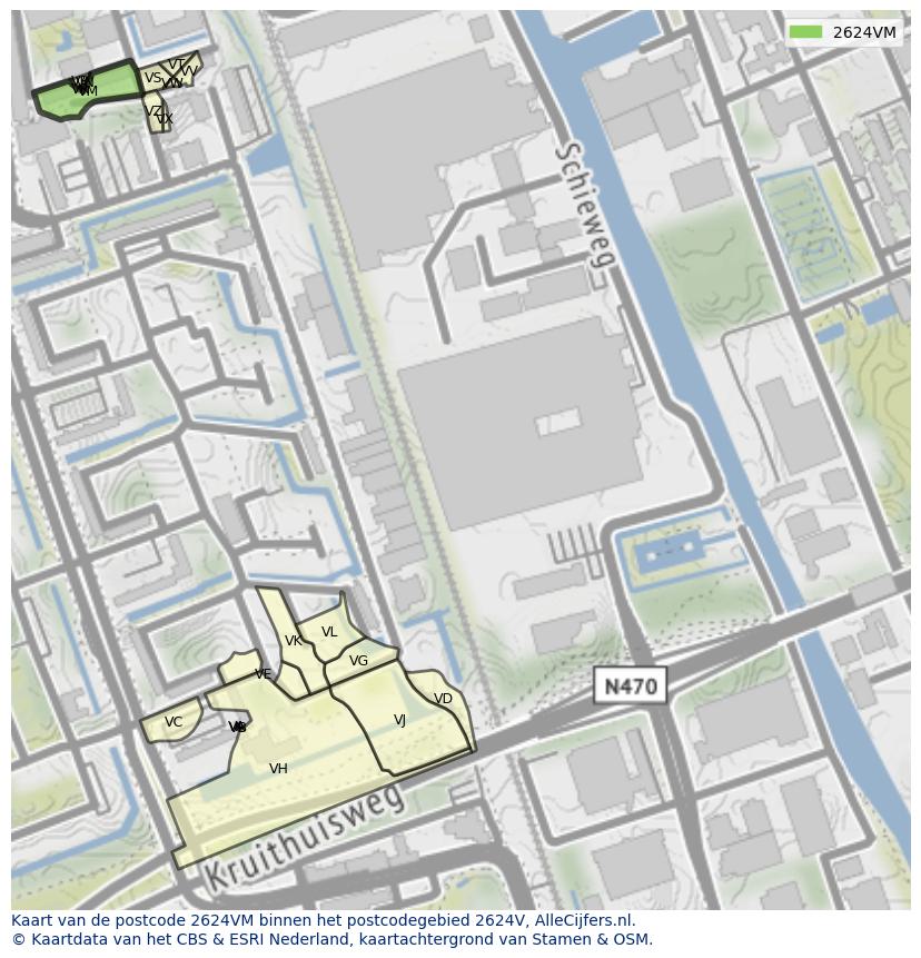 Afbeelding van het postcodegebied 2624 VM op de kaart.