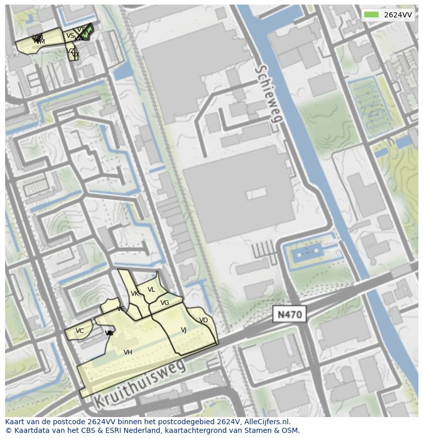 Afbeelding van het postcodegebied 2624 VV op de kaart.