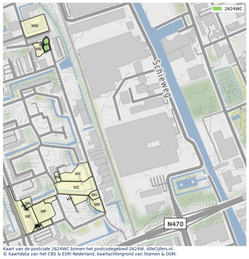 Afbeelding van het postcodegebied 2624 WC op de kaart.