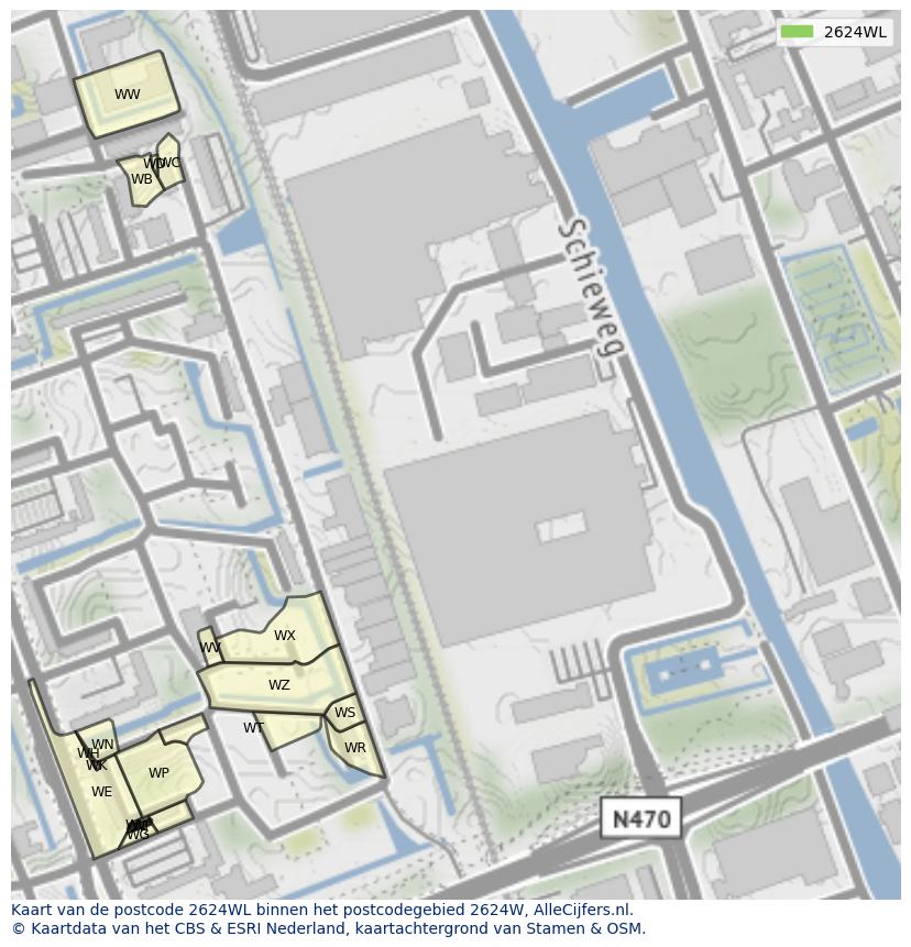 Afbeelding van het postcodegebied 2624 WL op de kaart.