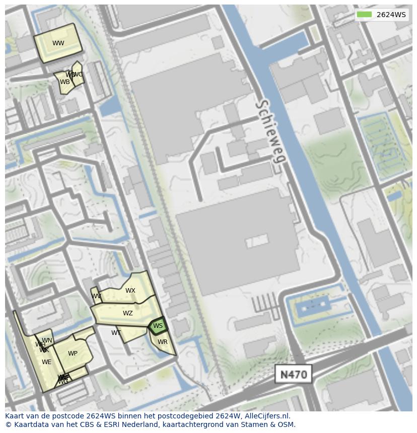 Afbeelding van het postcodegebied 2624 WS op de kaart.