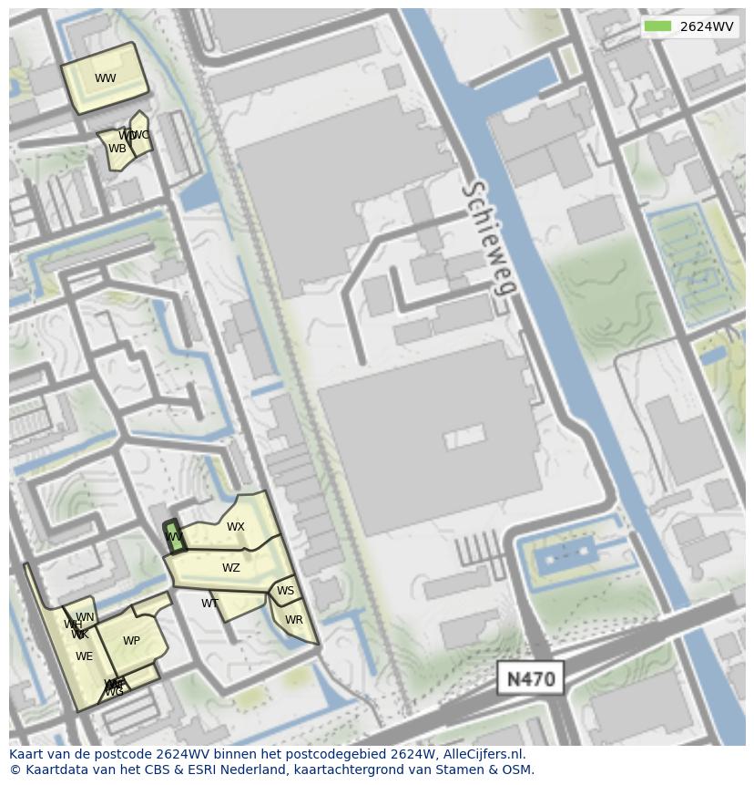 Afbeelding van het postcodegebied 2624 WV op de kaart.