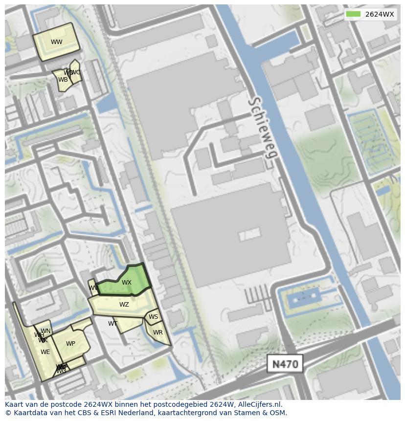 Afbeelding van het postcodegebied 2624 WX op de kaart.