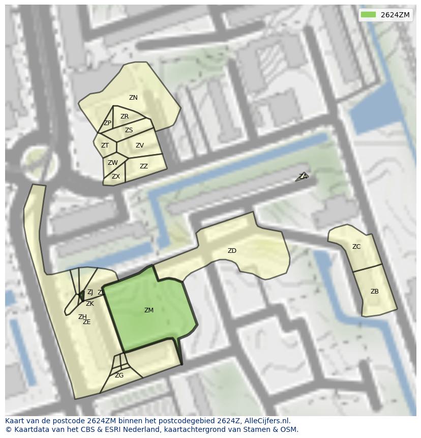 Afbeelding van het postcodegebied 2624 ZM op de kaart.