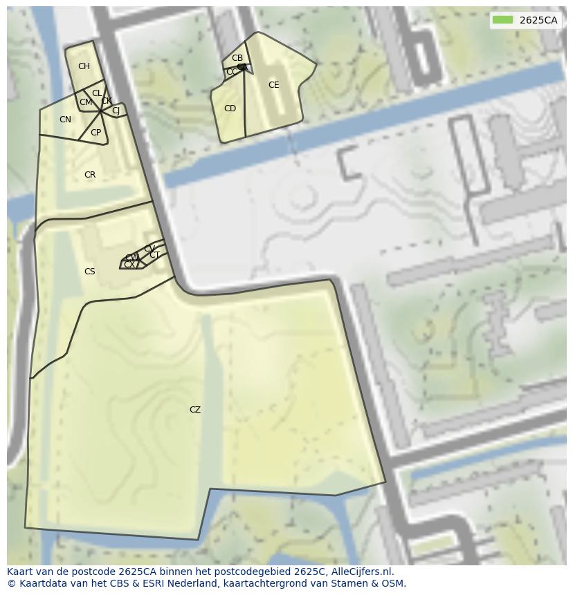 Afbeelding van het postcodegebied 2625 CA op de kaart.