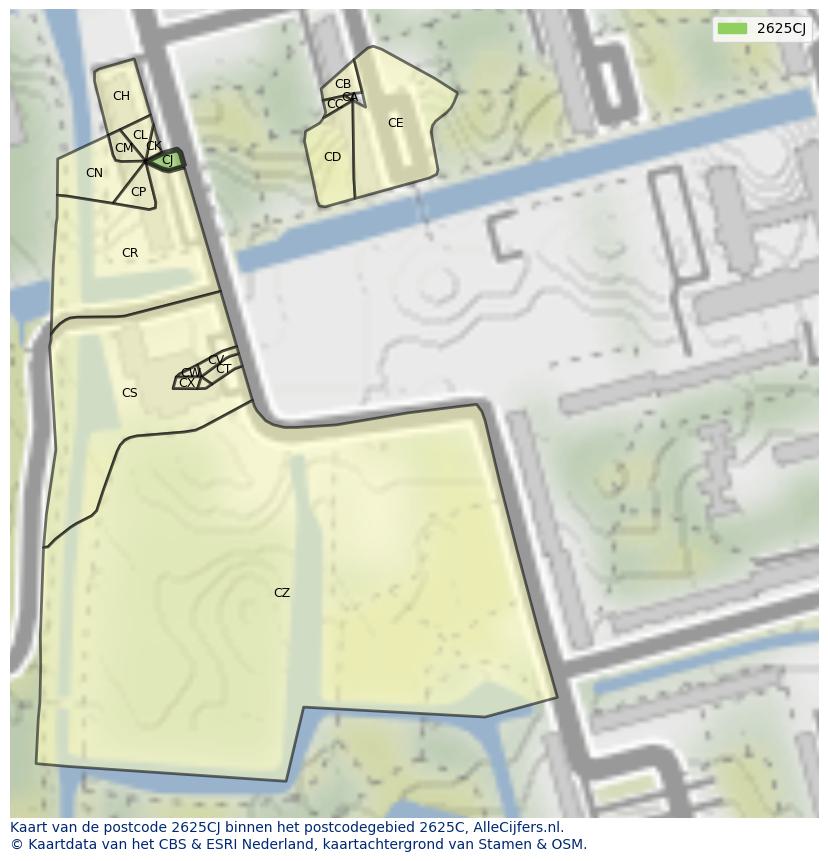 Afbeelding van het postcodegebied 2625 CJ op de kaart.