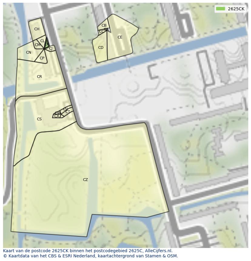 Afbeelding van het postcodegebied 2625 CK op de kaart.