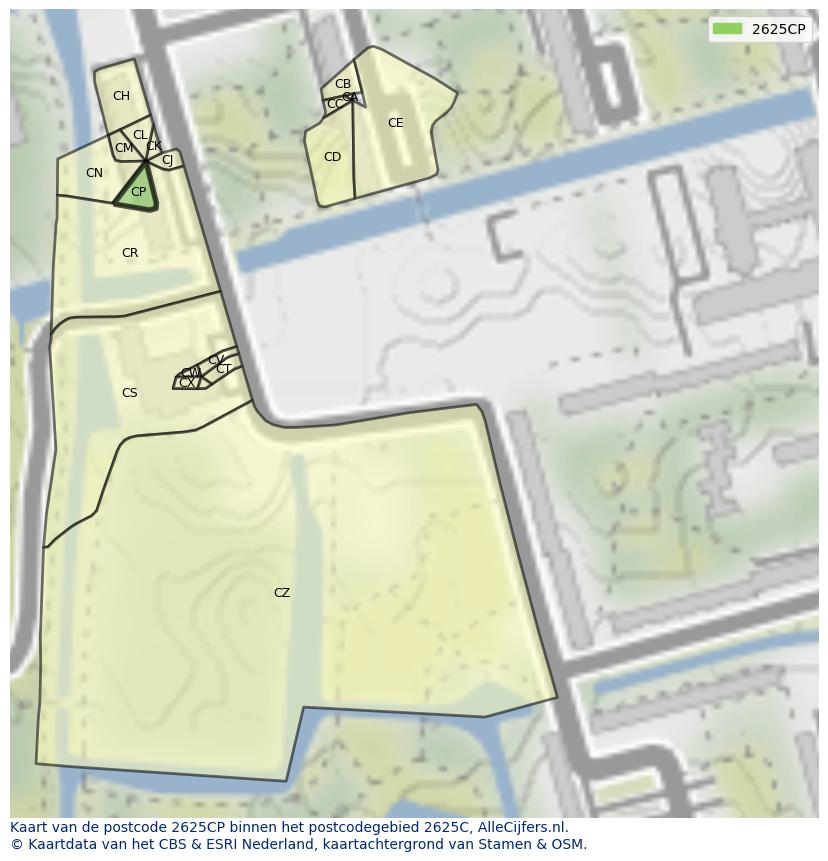 Afbeelding van het postcodegebied 2625 CP op de kaart.