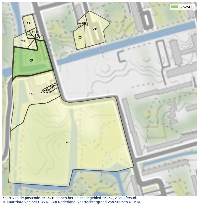 Afbeelding van het postcodegebied 2625 CR op de kaart.
