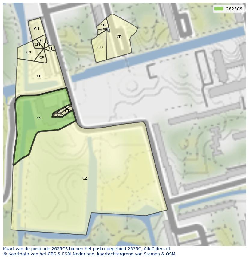 Afbeelding van het postcodegebied 2625 CS op de kaart.