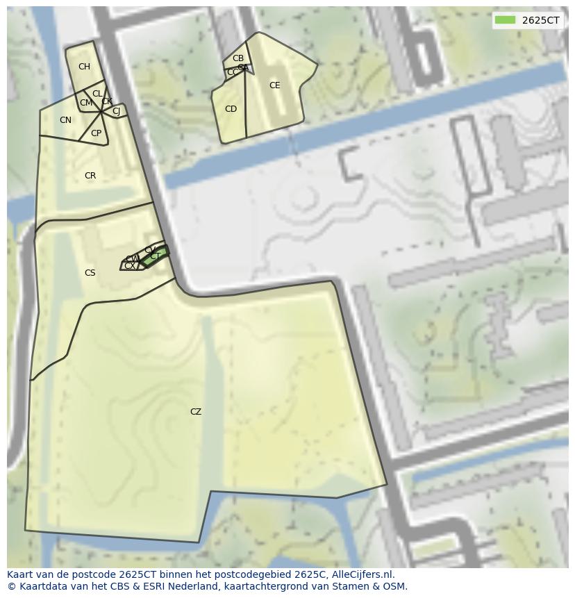 Afbeelding van het postcodegebied 2625 CT op de kaart.