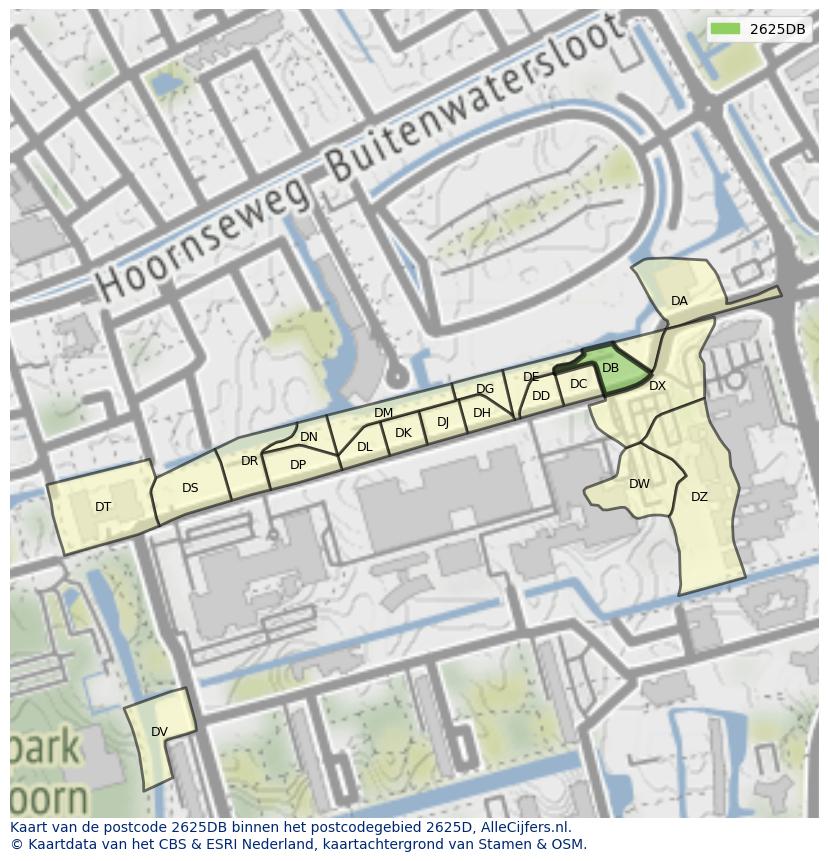 Afbeelding van het postcodegebied 2625 DB op de kaart.
