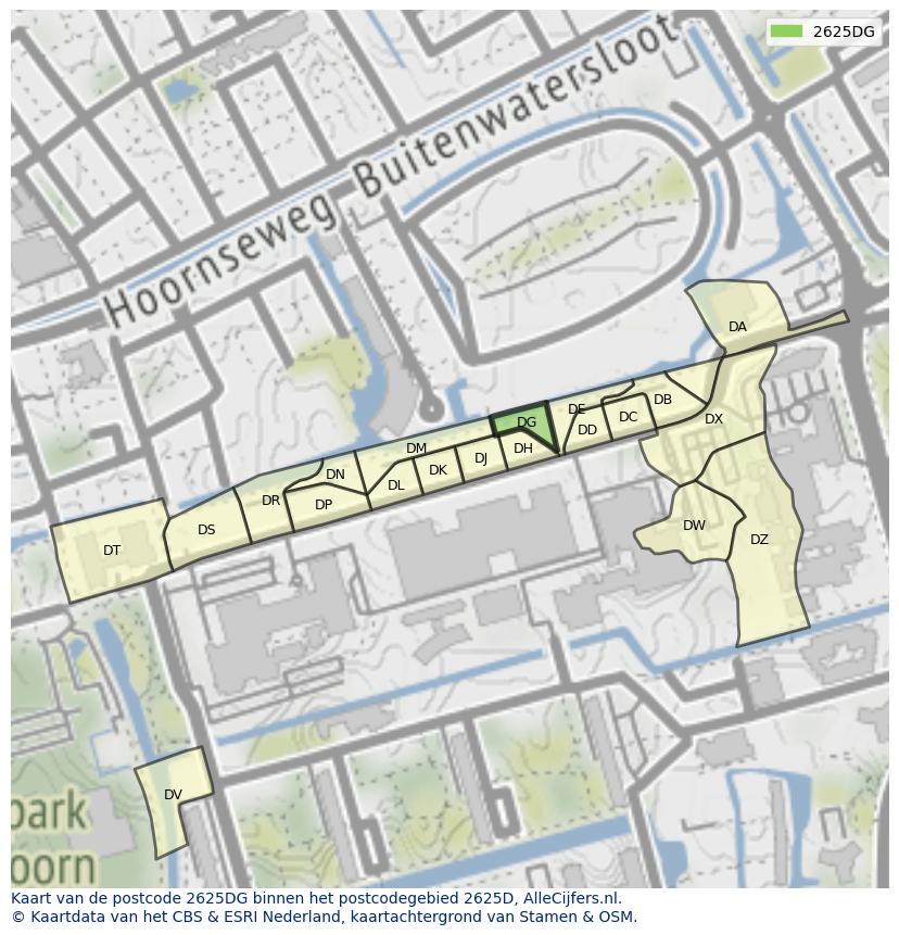 Afbeelding van het postcodegebied 2625 DG op de kaart.