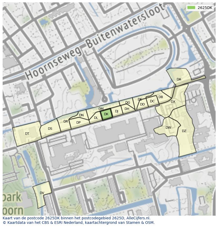 Afbeelding van het postcodegebied 2625 DK op de kaart.