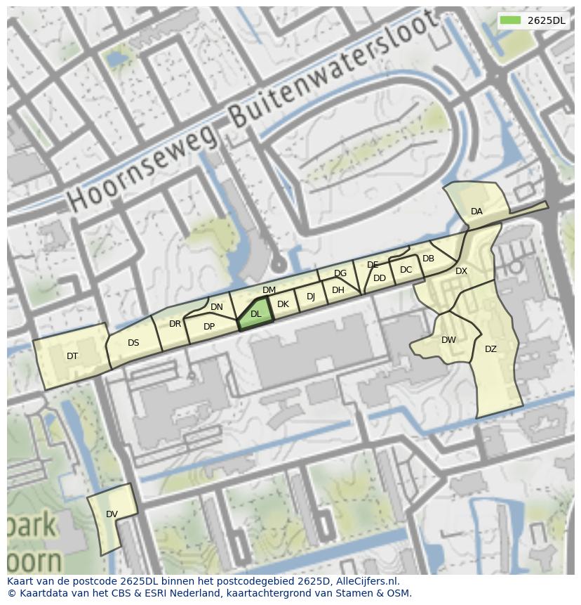 Afbeelding van het postcodegebied 2625 DL op de kaart.