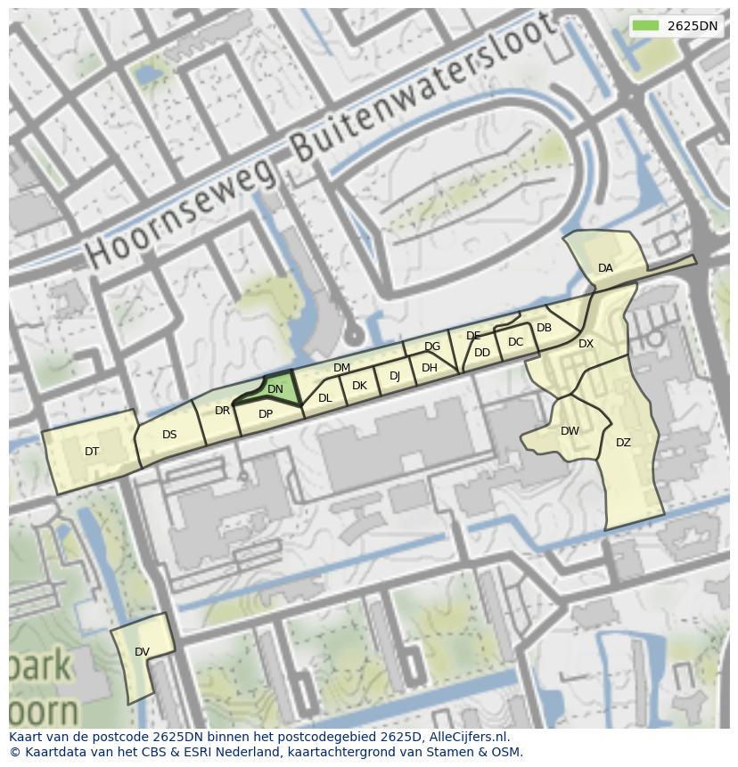 Afbeelding van het postcodegebied 2625 DN op de kaart.