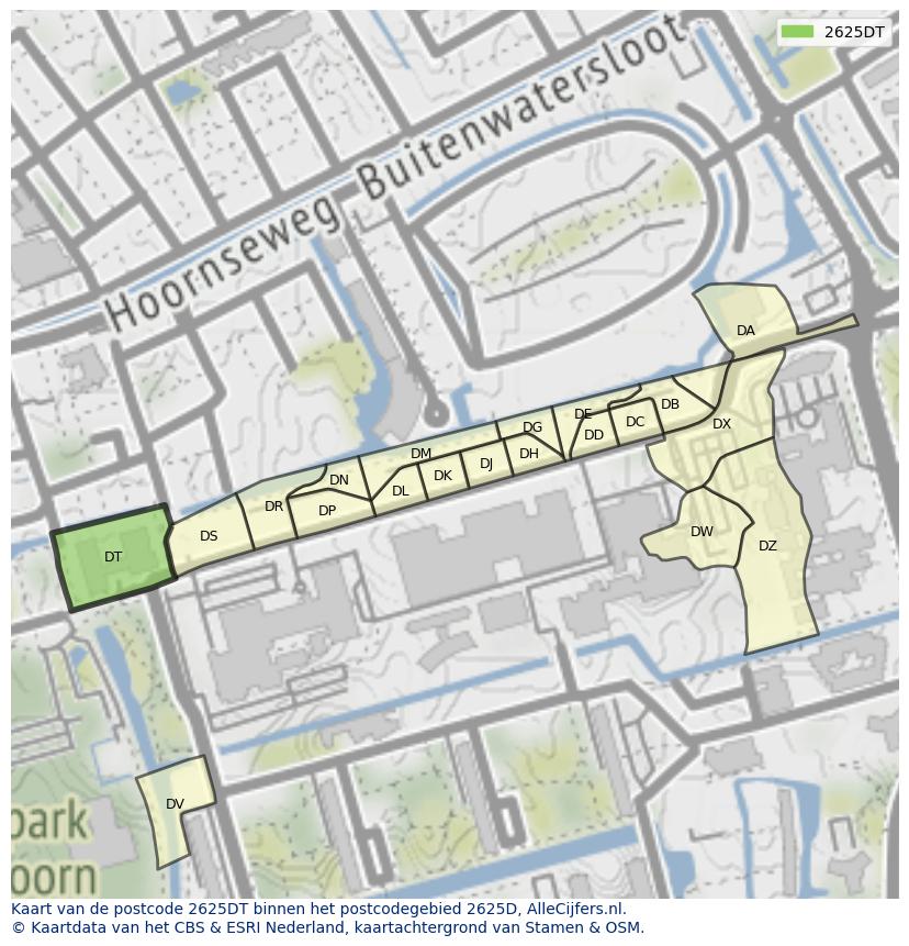 Afbeelding van het postcodegebied 2625 DT op de kaart.