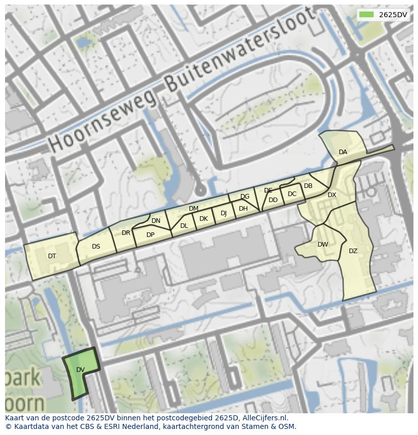 Afbeelding van het postcodegebied 2625 DV op de kaart.