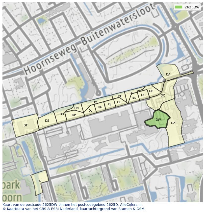 Afbeelding van het postcodegebied 2625 DW op de kaart.