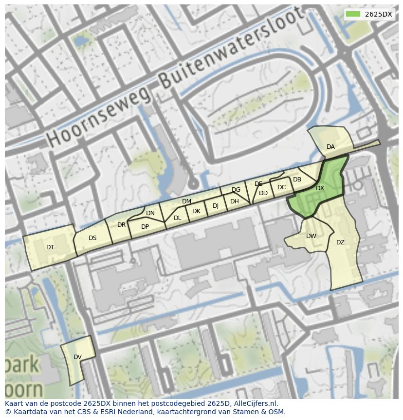 Afbeelding van het postcodegebied 2625 DX op de kaart.