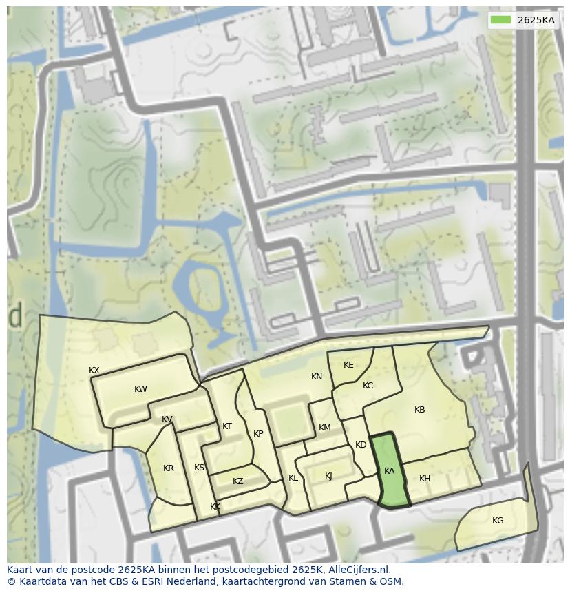Afbeelding van het postcodegebied 2625 KA op de kaart.
