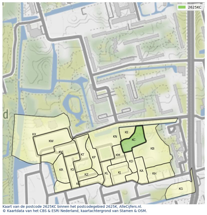 Afbeelding van het postcodegebied 2625 KC op de kaart.