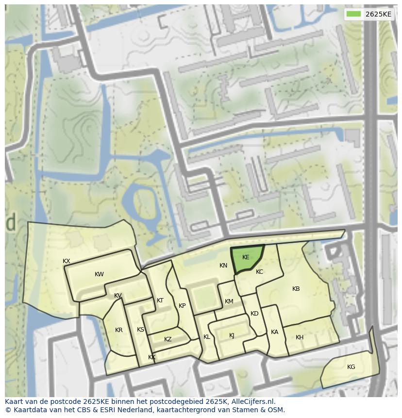 Afbeelding van het postcodegebied 2625 KE op de kaart.
