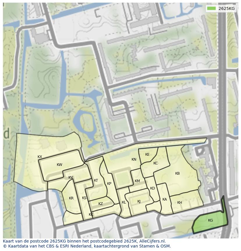 Afbeelding van het postcodegebied 2625 KG op de kaart.