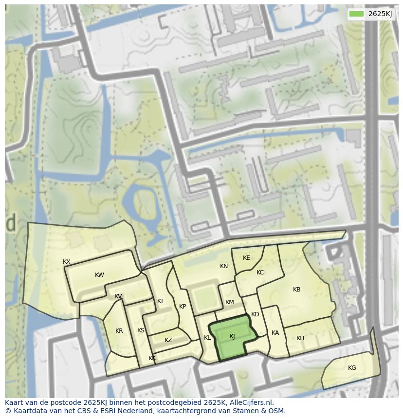 Afbeelding van het postcodegebied 2625 KJ op de kaart.