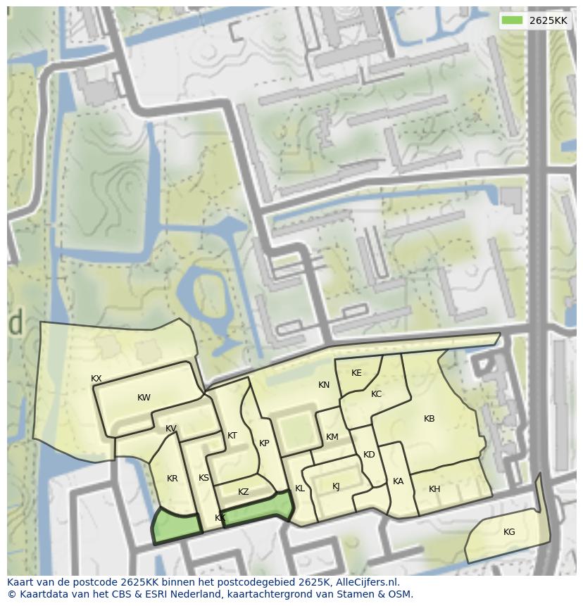 Afbeelding van het postcodegebied 2625 KK op de kaart.