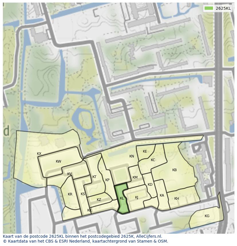Afbeelding van het postcodegebied 2625 KL op de kaart.