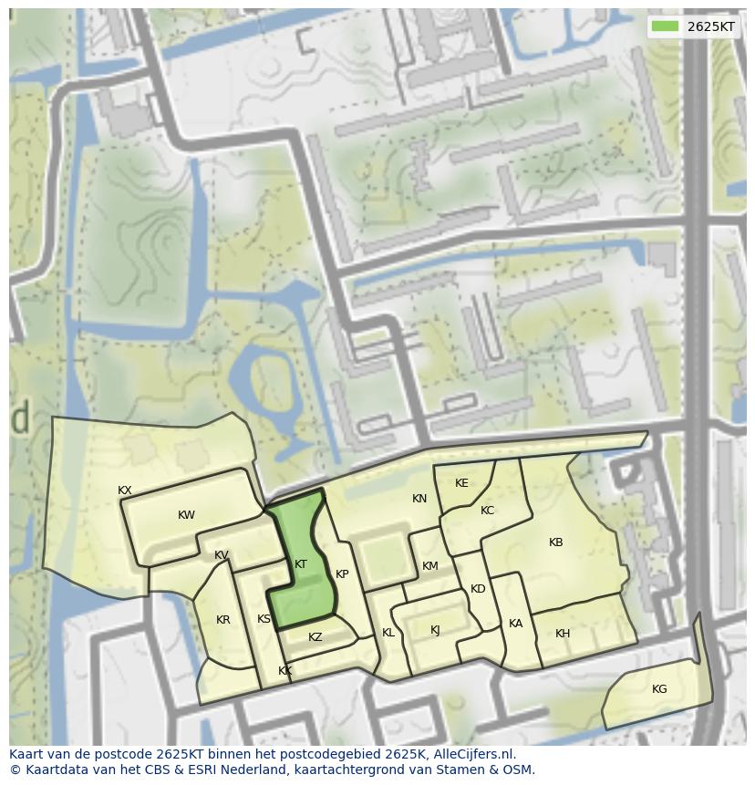 Afbeelding van het postcodegebied 2625 KT op de kaart.