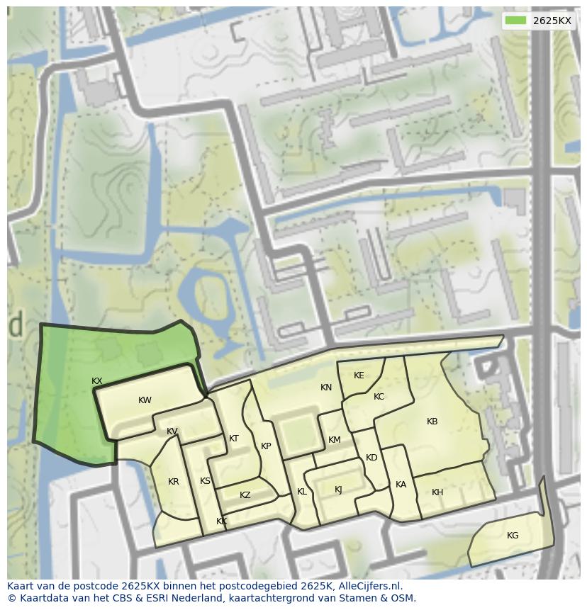 Afbeelding van het postcodegebied 2625 KX op de kaart.