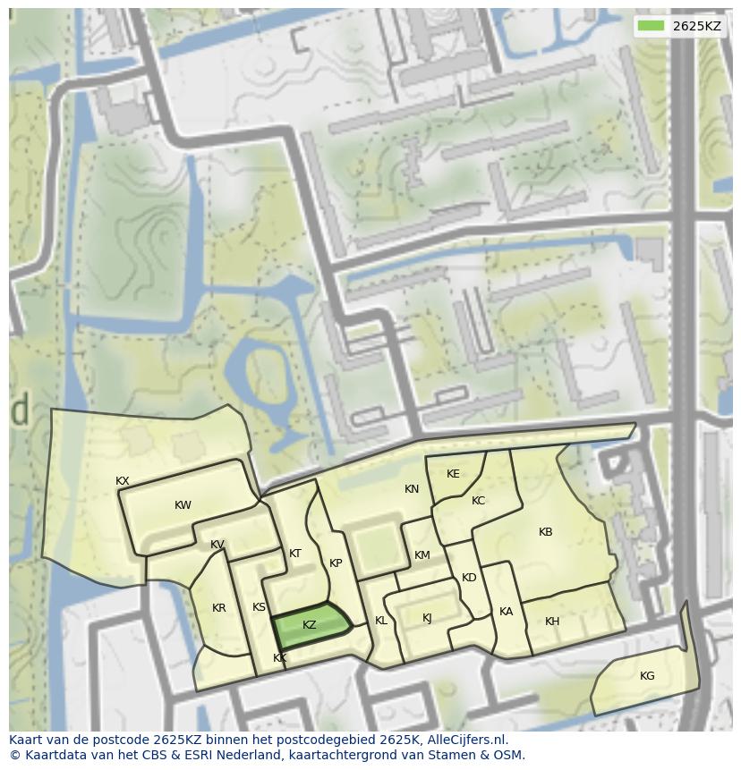 Afbeelding van het postcodegebied 2625 KZ op de kaart.