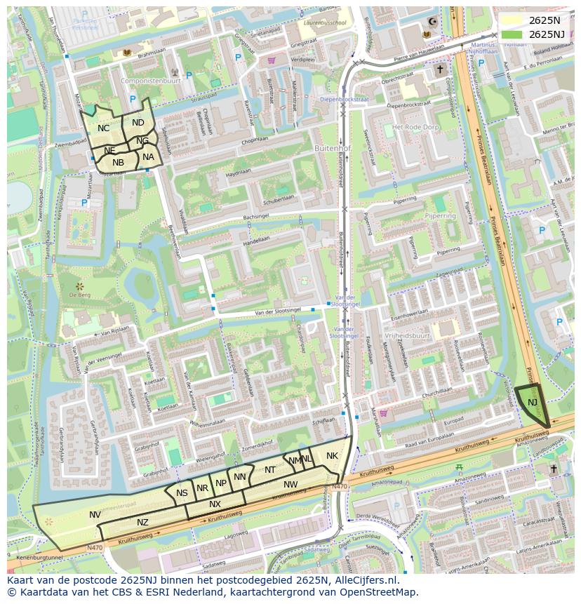 Afbeelding van het postcodegebied 2625 NJ op de kaart.