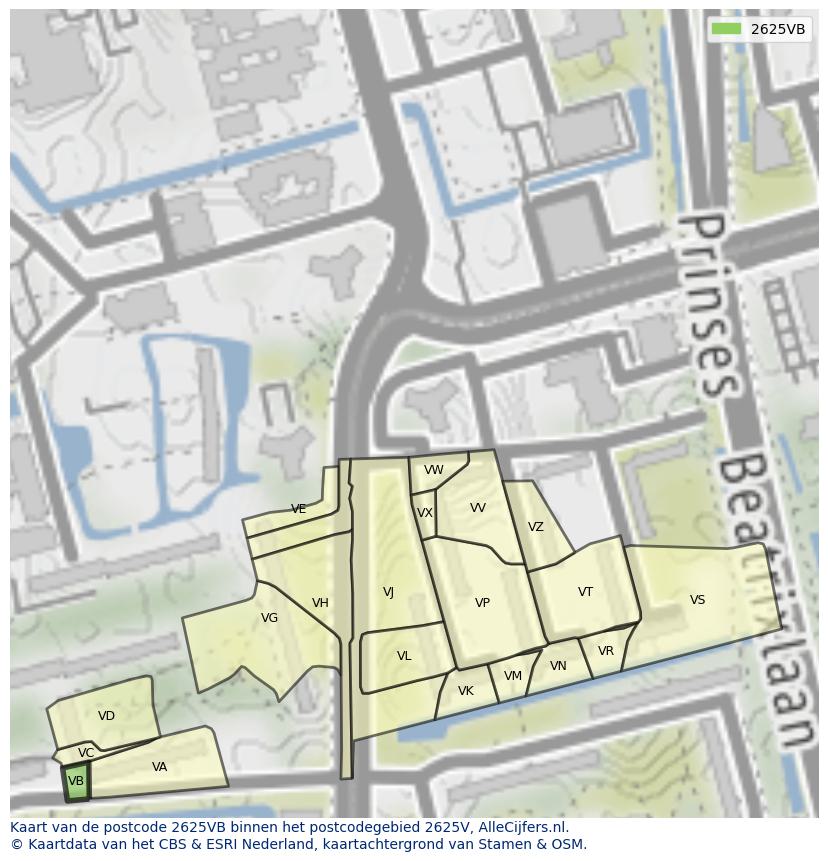 Afbeelding van het postcodegebied 2625 VB op de kaart.