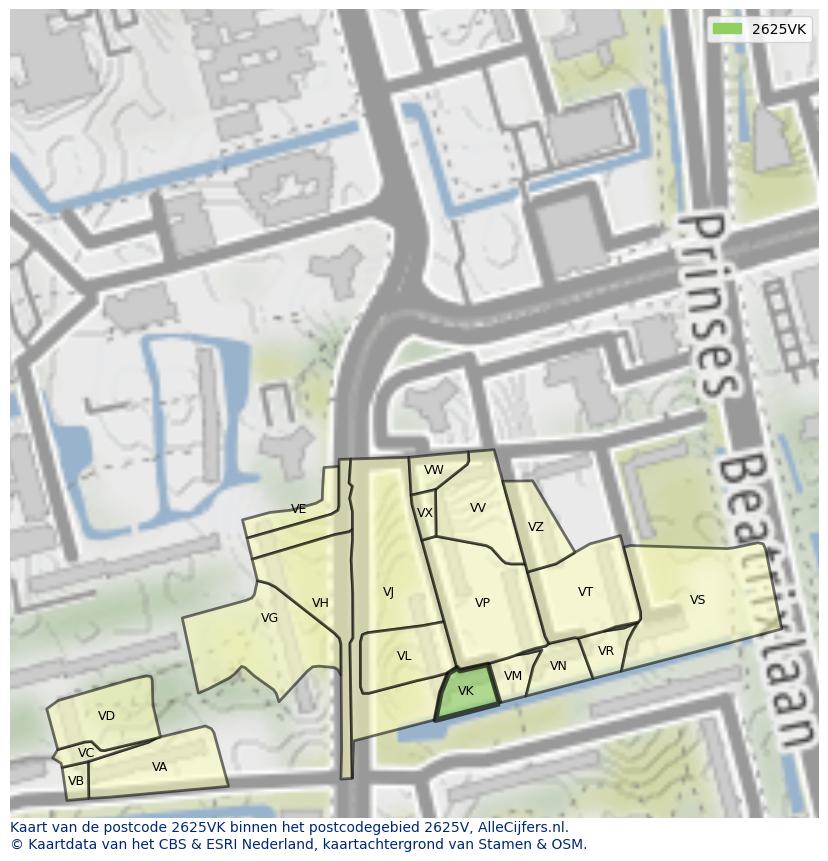 Afbeelding van het postcodegebied 2625 VK op de kaart.
