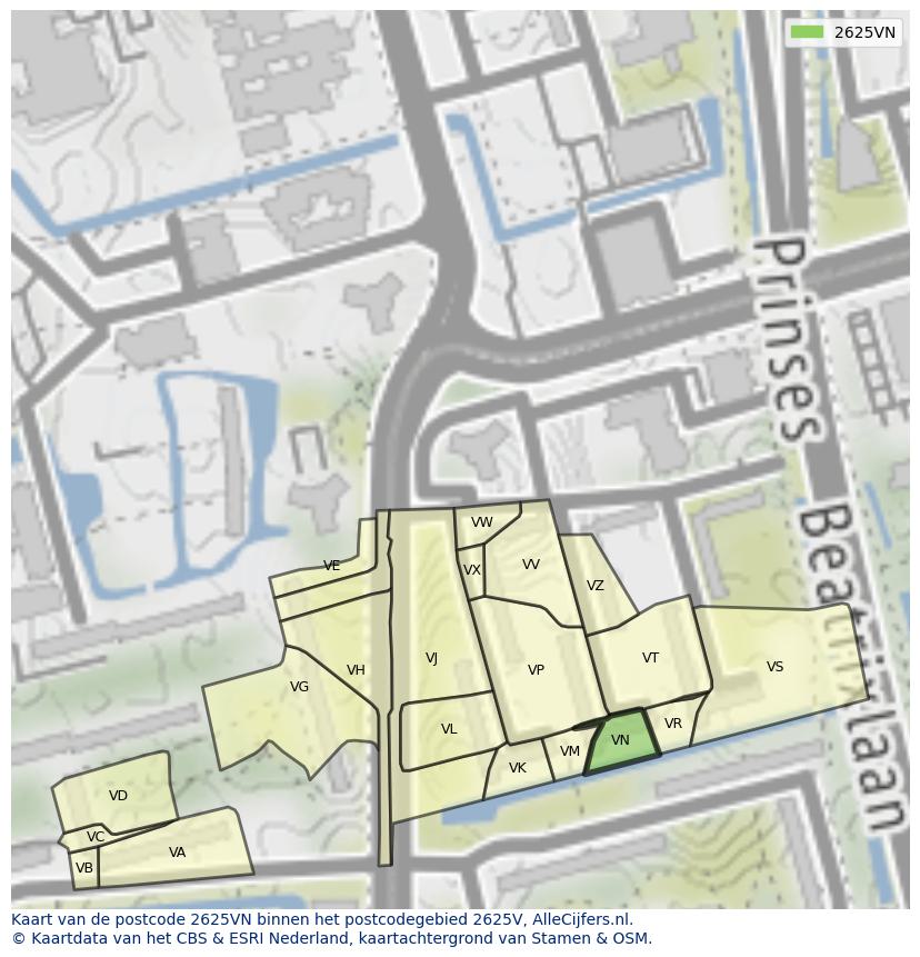 Afbeelding van het postcodegebied 2625 VN op de kaart.