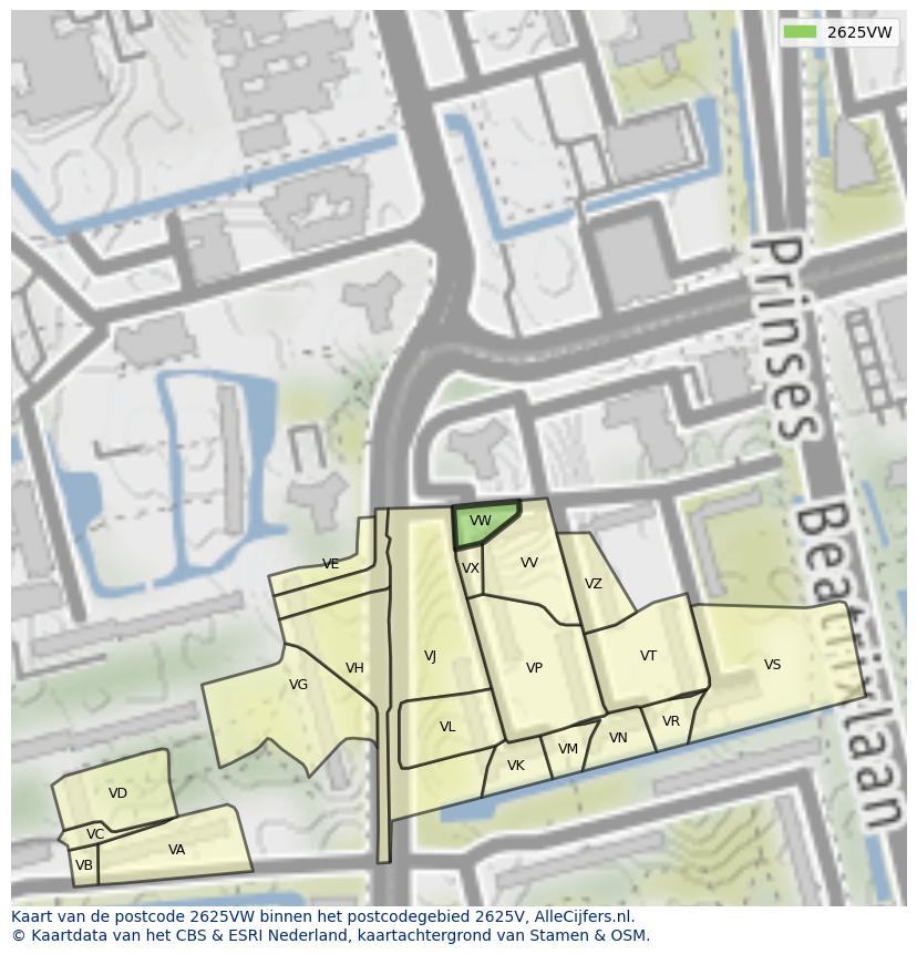 Afbeelding van het postcodegebied 2625 VW op de kaart.