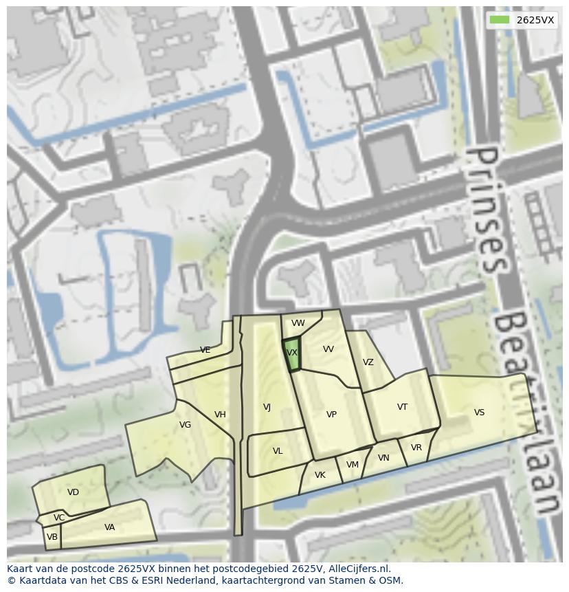 Afbeelding van het postcodegebied 2625 VX op de kaart.