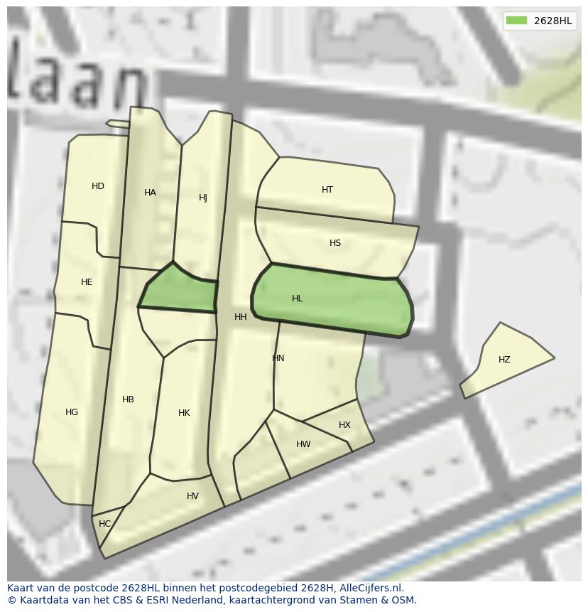 Afbeelding van het postcodegebied 2628 HL op de kaart.