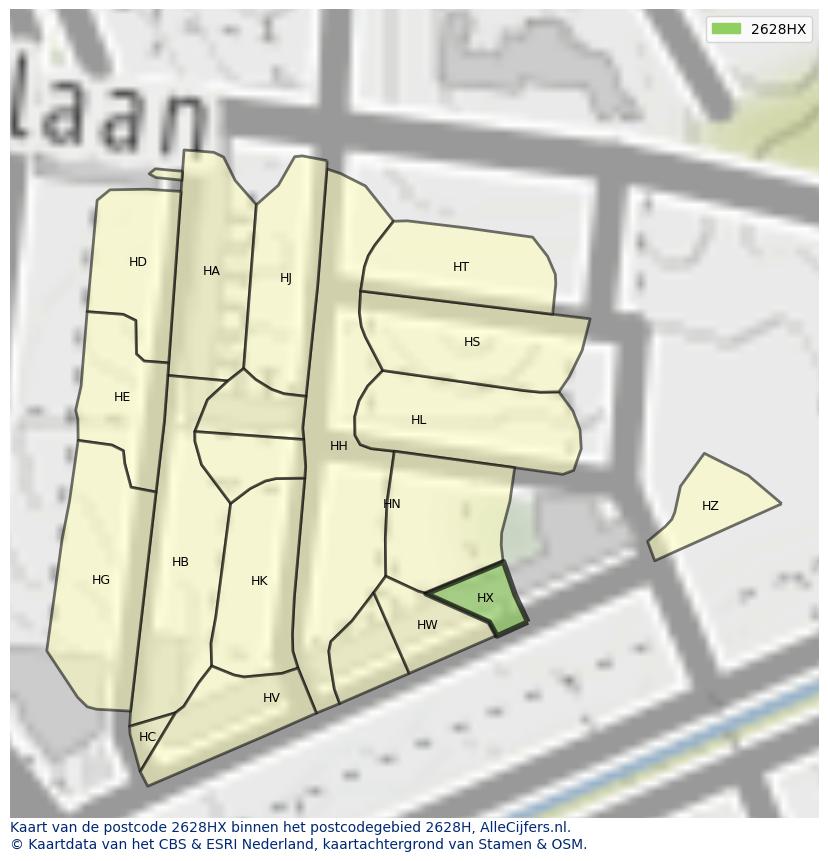Afbeelding van het postcodegebied 2628 HX op de kaart.